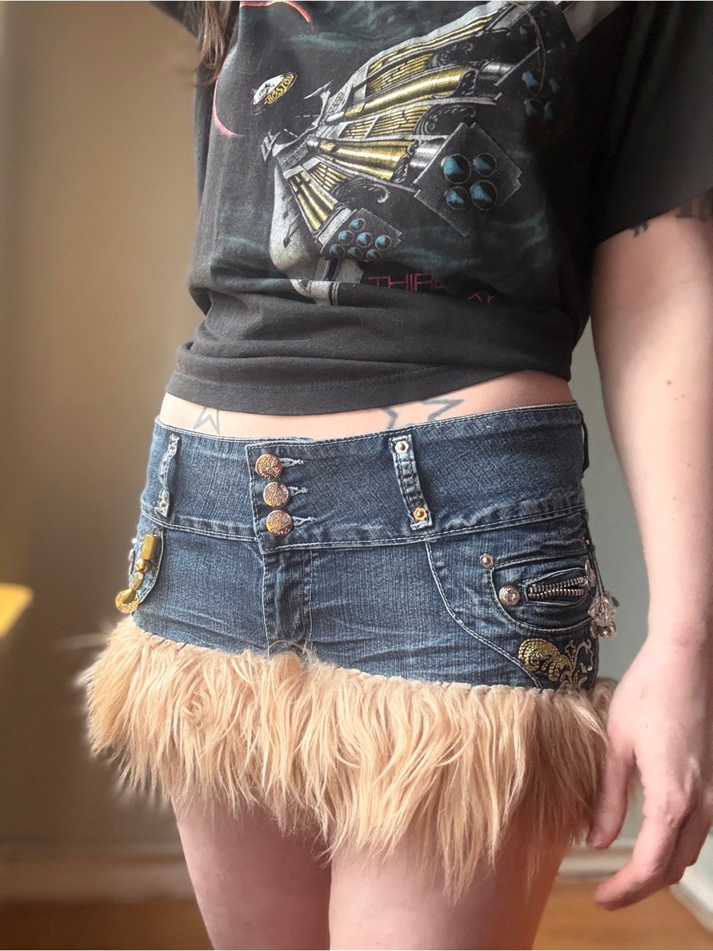 Vintage Y2K Fur Trim Micro Mini Skirt | Embellished Low Rise Denim skirt | M